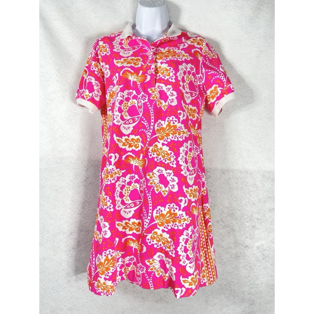 Gretchen Scott Polo Dress Womens Large Pink White Shift Floral Short Sleeve